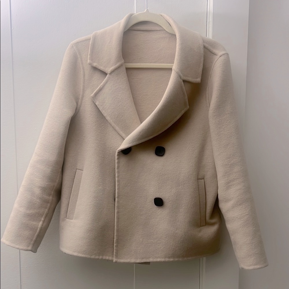 Stylish Cream Double-Breasted Wool Coat 100%Wool